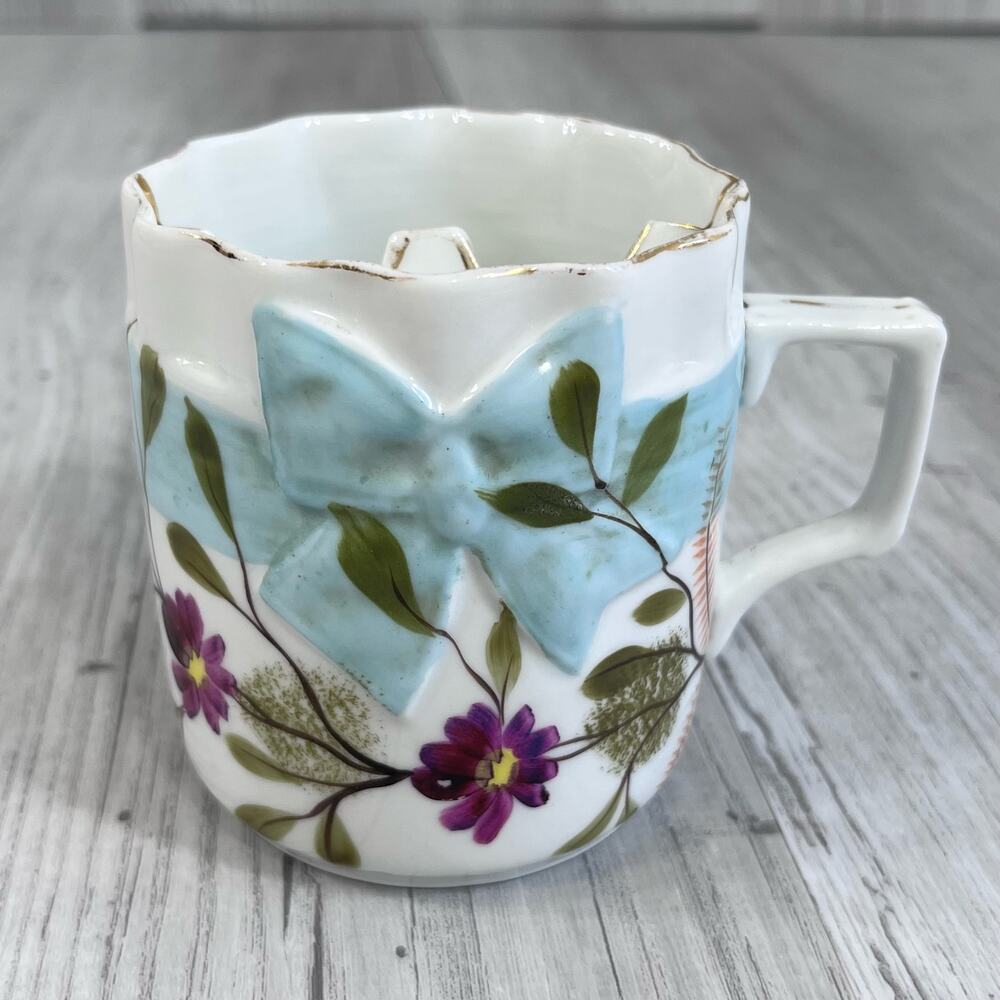 Antique Porcelain Mustache Shaving Mug Hand Painted Floral Victorian 1910